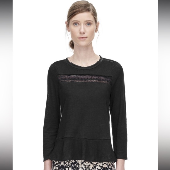 Rebecca Taylor White Long Sleeve Slub Knit Tee with Lace - Picture 1 of 10